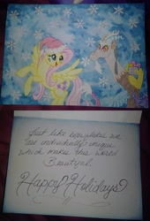 Size: 4075x5987 | Tagged: safe, artist:diamond06mlp, derpibooru import, discord, fluttershy, draconequus, pegasus, pony, christmas, female, hat, holiday, male, mare, rearing, santa hat, smiling, wings