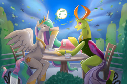 Size: 1280x851 | Tagged: safe, artist:mekh, derpibooru import, princess celestia, thorax, alicorn, changedling, changeling, inflatable pony, air nozzle, air pump, cake, eyes closed, food, hose, inflatable, inflatable scenery, inflatable toy, open mouth, table, wind