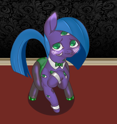 Size: 1450x1545 | Tagged: safe, alternate version, artist:zettaidullahan, derpibooru import, oc, oc:irisa, monster pony, original species, pony, series:monstermaresandyou, blushing, bowtie, bunny suit, clothes, collar, cuffs, female, many eyes, mare, shy, solo