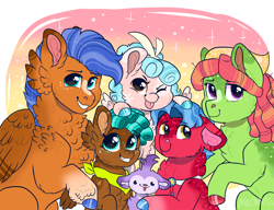 Size: 1456x1117 | Tagged: safe, artist:moccabliss, derpibooru import, biscuit, cozy glow, spearhead, spur, tree hugger, earth pony, pegasus, pony, a better ending for cozy, boofy, cheek fluff, chest fluff, colored hooves, colt, ears, family, female, filly, floppy ears, fluffy, headcanon, looking at you, male, mare, one eye closed, shipping, stallion, straight, tongue, tongue out, wink, winking at you