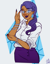 Size: 1280x1631 | Tagged: safe, artist:little-vimpress, derpibooru import, rarity, human, bracelet, button-up shirt, cutie mark background, ear piercing, earring, female, glasses, humanized, jewelry, lipstick, long nails, moderate dark skin, mole, nail polish, piercing, smiling, solo