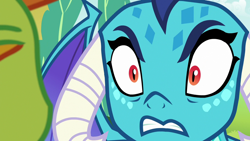 Size: 1280x720 | Tagged: safe, derpibooru import, screencap, princess ember, thorax, changedling, changeling, dragon, season 7, triple threat, angry, close-up, king thorax, solo focus, stop talking