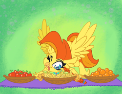 Size: 3300x2550 | Tagged: safe, artist:leadhooves, derpibooru import, oc, oc only, oc:goldenflow, hippogriff, apple, banana, commission, female, food, hair tie, one eye closed, orange, solo, tongue, tongue out, wings