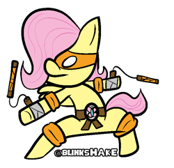 Size: 679x654 | Tagged: safe, artist:blinkshake, derpibooru import, fluttershy, pegasus, pony, crossover, michelangelo, okinawan kobudo, teenage mutant ninja turtles