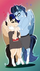 Size: 1975x3442 | Tagged: safe, artist:inisealga, derpibooru import, oc, oc only, oc:mocha frost, oc:soaring spirit, anthro, pegasus, bottomless, boxer briefs, chibi, clothes, coat markings, facial markings, female, folded wings, glasses, hug, male, mare, nudity, partial nudity, pegasus oc, shirt, simple background, socks (coat marking), stallion, topless, wings