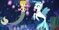 Size: 1126x586 | Tagged: safe, artist:ocean lover, artist:selenaede, derpibooru import, screencap, terramar, seapony (g4), equestria girls, bare chest, base, belly button, coral, equestria girls-ified, fins, glow, kelp, looking at each other, male, merboy, merman, seaquestria, seaweed, swimming, underwater, urchin (the little mermaid)