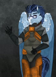 Size: 1855x2528 | Tagged: safe, artist:inisealga, derpibooru import, oc, oc only, oc:soaring spirit, anthro, pegasus, coat markings, facial markings, folded wings, glasses, gradient background, half-life, hev suit, pegasus oc, wings