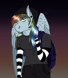 Size: 3016x3442 | Tagged: safe, artist:inisealga, derpibooru import, rainbow dash, anthro, pegasus, arm warmers, backpack, beanie, clothes, ear piercing, eyebrows, eyebrows visible through hair, facial scar, female, folded wings, gradient background, hat, jeans, mare, neck fluff, pants, piercing, shirt, solo, wing fluff, wings