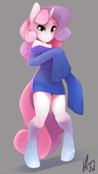 Size: 1920x3414 | Tagged: safe, artist:hentwi, derpibooru import, sweetie belle, anthro, unguligrade anthro, unicorn, clothes, cute, diasweetes, dress, female, gray background, looking at you, off shoulder, simple background, smiling, smiling at you, socks, solo