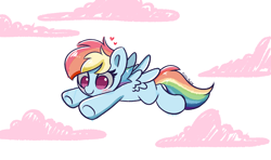 Size: 4042x2394 | Tagged: safe, artist:kittyrosie, derpibooru import, rainbow dash, pegasus, pony, blank flank, blushing, cotton candy, cute, dashabetes, female, filly, filly rainbow dash, flying, food, pink background, simple background, smiling, solo, spread wings, wings, younger