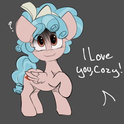 Size: 1500x1500 | Tagged: safe, artist:arume_lux, derpibooru import, cozy glow, pegasus, pony, heart eyes, offscreen character, question mark, raised hoof, raised leg, solo, wingding eyes