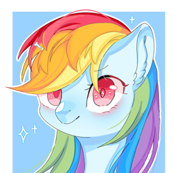 Size: 650x650 | Tagged: safe, artist:白羽夜咕咕叽, derpibooru import, rainbow dash, pegasus, pony, abstract background, bust, ear fluff, ears, female, looking at you, mare, red eyes, solo, white outline