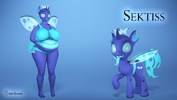 Size: 3840x2160 | Tagged: safe, alternate version, artist:seriff-pilcrow, derpibooru import, oc, oc:sektiss, anthro, changeling, 3d, anthro oc, anthro ponidox, bbw, big breasts, blue changeling, bra, breasts, chubby, chunkling, clothes, duality, fat, huge breasts, open mouth, open smile, panties, raised hoof, raised leg, self ponidox, smiling, source filmmaker, thick, tongue, tongue out, underwear