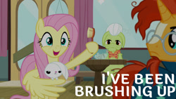 Size: 1280x720 | Tagged: safe, derpibooru import, edit, edited screencap, editor:quoterific, screencap, angel bunny, fluttershy, granny smith, sunburst, earth pony, pegasus, pony, unicorn, a trivial pursuit, season 9, comb, cute, female, male, mare, open mouth, open smile, shyabetes, smiling, stallion