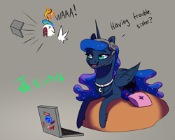 Size: 1000x800 | Tagged: safe, artist:joan-grace, derpibooru import, princess celestia, princess luna, alicorn, pony, angry, bag, bust, computer, duo, ethereal mane, female, fire, gamer luna, headphones, headset, laptop computer, lying down, mare, microphone, open mouth, prone, saddle bag, signature, smiling, starry mane, talking