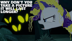 Size: 1280x720 | Tagged: safe, derpibooru import, edit, edited screencap, editor:quoterific, screencap, rarity, pony, unicorn, it isn't the mane thing about you, season 7, angry, female, glowing eyes, mare, messy mane, open mouth, solo