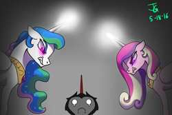 Size: 1200x800 | Tagged: safe, artist:joan-grace, derpibooru import, king sombra, princess cadance, princess celestia, alicorn, pony, angry, bust, female, frown, glowing horn, gradient background, horn, male, mare, peytral, signature, stallion, story included, white eyes, wings