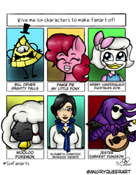 Size: 479x618 | Tagged: safe, artist:theangriestqueeralive, derpibooru import, pinkie pie, anthro, bird, duck, earth pony, human, pony, anthro with ponies, bill cipher, bioshock, bioshock infinite, bowtie, bust, crossover, darkest dungeon, ducktales, elizabeth comstock, eyes closed, female, gravity falls, grin, guitar, hat, jester, mare, musical instrument, pokémon, pokémon sword and shield, six fanarts, smiling, top hat, webby vanderquack, wooloo