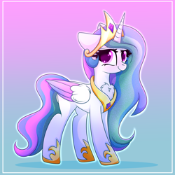 Size: 2000x2000 | Tagged: safe, artist:splashofsweet, derpibooru import, princess celestia, alicorn, pony, blushing, chest fluff, colored wings, colored wingtips, cutelestia, ears, female, floppy ears, gradient background, looking at you, mare, side view, smiling, smiling at you, solo, white outline, wings