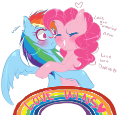 Size: 1900x1730 | Tagged: safe, artist:farfromserious, derpibooru import, pinkie pie, rainbow dash, earth pony, pegasus, pony, blushing, female, hug, lesbian, love wins, marriage proposal, pinkiedash, pride, rainbow, shipping, simple background, transparent background, wat