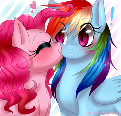 Size: 1900x1815 | Tagged: safe, artist:farfromserious, derpibooru import, pinkie pie, rainbow dash, earth pony, pegasus, pony, exclamation point, eyes closed, female, floating heart, heart, kiss on the cheek, kissing, lesbian, pinkiedash, shipping