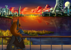 Size: 4096x2900 | Tagged: safe, artist:stray prey, derpibooru import, oc, oc:lucent, bat pony, unicorn, city, cityscape, female, futuristic, hug, loss (meme), male, mother and child, mother and son, parent and child, scenery, size difference, sunset, water, wholesome, winghug, wings