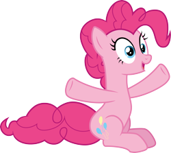 Size: 3362x3000 | Tagged: safe, artist:cloudyglow, derpibooru import, pinkie pie, earth pony, pony, horse play, blue eyes, female, high res, mare, open mouth, open smile, ponk, simple background, sitting, smiling, solo, spreading, transparent background, vector