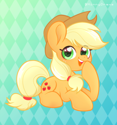 Size: 2480x2647 | Tagged: safe, artist:ninnydraws, derpibooru import, applejack, earth pony, abstract background, blushing, hat, heart eyes, looking at you, sitting, solo, wingding eyes