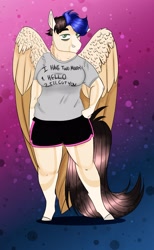 Size: 1792x2903 | Tagged: safe, artist:inisealga, derpibooru import, oc, oc only, oc:mocha frost, anthro, pegasus, chubby, clothes, female, folded wings, gradient background, mare, pegasus oc, shirt, shorts, solo, wings