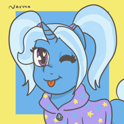 Size: 1000x1000 | Tagged: safe, artist:wrath-marionphauna, derpibooru import, trixie, pony, unicorn, ;p, alternate hairstyle, babysitter trixie, clothes, cute, diatrixes, female, heart eyes, hoodie, mare, one eye closed, pigtails, solo, tongue, tongue out, wingding eyes, wink