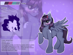 Size: 1600x1200 | Tagged: safe, artist:chura chu, derpibooru import, oc, oc:chura, horse, pegasus, blue eyes, blue fur, blushing, character, color palette, female, filly, horn, horns, information, long hair, long mane, long tail, mare, not porn, original character do not steal, pose, reference, reference sheet, shy, solo, violet background, violet hair, wings