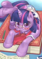 Size: 595x841 | Tagged: safe, artist:hoihoi, derpibooru import, twilight sparkle, semi-anthro, unicorn, blushing, book, clothes, eraser, female, glasses, horn, looking at you, lying down, mare, mouth hold, necktie, paper, pencil, prone, smiling, smiling at you, striped underwear, underwear