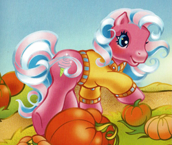 Size: 1137x961 | Tagged: safe, artist:lyn fletcher, derpibooru import, cotton candy (g3), earth pony, pony, g3, autumn, clothes, female, mare, official, pumpkin, pumpkin patch, scan, solo, sweater, the perfect pumpkin