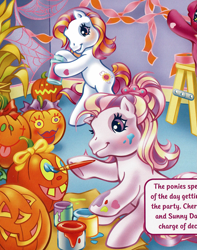 Size: 1817x2301 | Tagged: safe, artist:lyn fletcher, derpibooru import, cherry blossom (g3), fluttershy (g3), sunny daze (g3), earth pony, pony, g3, bipedal, comb, corn plant, decorating, female, halloween, holiday, jack-o-lantern, ladder, official, paint, paint on face, paint on hooves, paintbrush, painting, ponytail, pumpkin, spider web, spray can, streamers, the perfect pumpkin, trio, trio female