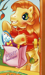 Size: 1025x1689 | Tagged: safe, artist:lyn fletcher, derpibooru import, earth pony, pony, g3, bipedal, blouse, bumblesweet (g3), clothes, doorway, female, leaf, mare, official, solo, sweater, the perfect pumpkin, wind