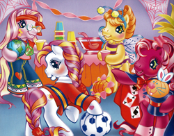 Size: 2333x1825 | Tagged: safe, artist:lyn fletcher, derpibooru import, cherry blossom (g3), fluttershy (g3), sunny daze (g3), bee, earth pony, pony, g3, bipedal, braid, bumblebee, bumblesweet (g3), cape, card, clothes, costume, cup, female, football, fruit punch, glasses, globe, group, halloween, hat, headband, hippie, holiday, jeans, magician outfit, official, pants, party, ponytail, pumpkin rabbit, shirt, soccer player, spider web, sports, stars, streamers, t-shirt, the perfect pumpkin, top hat, wings