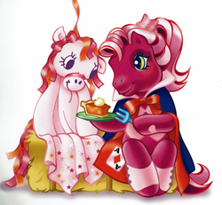 Size: 1997x1845 | Tagged: safe, artist:lyn fletcher, derpibooru import, cherry blossom (g3), earth pony, pony, g3, clothes, costume, female, food, fork, halloween, halloween costume, haybale, holiday, official, party decorations, pumpkin pie, solo, the perfect pumpkin