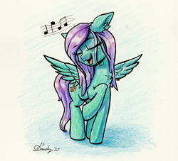 Size: 2440x2220 | Tagged: safe, artist:dandy, derpibooru import, oc, oc only, oc:swing time, pegasus, pony, colored pencil drawing, eyes closed, female, high res, mare, music notes, open mouth, signature, singing, solo, spread wings, traditional art, wings