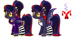 Size: 1280x640 | Tagged: safe, artist:roxieadoptshop, derpibooru import, oc, oc only, oc:bleeding love, bat pony, pony, bat pony oc, chest fluff, clothes, coat markings, collar, ear piercing, earring, eyeshadow, female, hoodie, jewelry, lipstick, makeup, mare, multicolored hair, piercing, simple background, socks, solo, spiked wristband, striped socks, transparent background, wristband