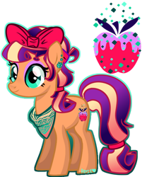 Size: 1280x1423 | Tagged: safe, artist:roxieadoptshop, derpibooru import, oc, oc only, oc:sugar apple, earth pony, pony, bandana, bow, ear piercing, earth pony oc, eyelashes, eyeshadow, female, hair bow, makeup, mare, piercing, simple background, smiling, solo, transparent background