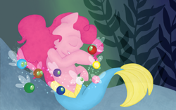 Size: 1500x939 | Tagged: safe, artist:banyanles, derpibooru import, pinkie pie, earth pony, merpony, parasprite, bubble, eyes closed, female, fish tail, flowing mane, flowing tail, mermaid tail, ocean, pink mane, seaponified, seapony pinkie pie, seaweed, smiling, solo, species swap, swimming, tail, underwater, water