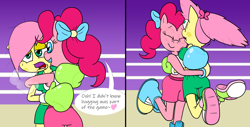 Size: 1920x976 | Tagged: safe, artist:strangefacts101, derpibooru import, fluttershy, pinkie pie, anthro, earth pony, pegasus, 2 panel comic, alternate hairstyle, bear hug, boots, boxing, boxing gloves, boxing ring, boxing shorts, breath, clinch, clinching, clothes, comic, fight, hug, lifted leg, lifted up, shoes, shorts, sneakers, sparring, sports, sports bra, squeezing, tanktop, tired, trunks