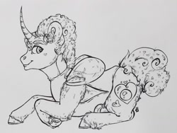 Size: 1280x960 | Tagged: safe, artist:skior, derpibooru import, pony, unicorn, lying down, monochrome, pearl (steven universe), ponified, prone, solo, steven universe, traditional art