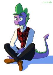 Size: 1000x1400 | Tagged: safe, artist:tralalayla, derpibooru import, spike, anthro, dragon, argyle, clothes, male, pants, shirt, shoes, sitting, solo, vest