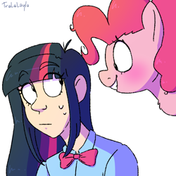 Size: 1000x1000 | Tagged: safe, artist:tralalayla, derpibooru import, pinkie pie, twilight sparkle, earth pony, human, pony, duo, eye clipping through hair, human and pony, humanized, looking at each other, simple background, smiling, white background