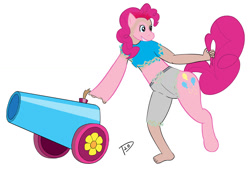 Size: 1474x1000 | Tagged: safe, artist:torlion, derpibooru import, pinkie pie, earth pony, human, pony, disappearing clothes, eye color change, female, grin, human to pony, mare, mid-transformation, party cannon, signature, simple background, smiling, solo, species swap, tail, tail pull, transformation, white background