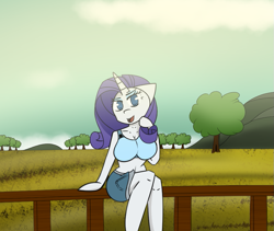 Size: 877x741 | Tagged: safe, artist:inky scroll, derpibooru import, rarity, anthro, pony, unicorn, bra, breasts, clothes, denim shorts, farm, female, fence, looking at you, midriff, open mouth, open smile, raritits, shorts, sitting, smiling, solo, sports bra, underwear