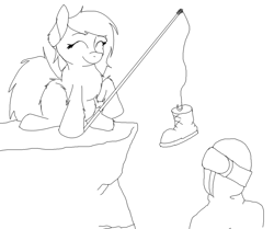 Size: 2411x2019 | Tagged: safe, artist:anonymous, oc, oc only, oc:anon, human, pony, /mlp/, bait, black and white, boot, chest fluff, duo, eyes closed, female, fishing rod, fluffy, grayscale, hoof hold, mare, monochrome, reaction image, simple background, smiling, snowpony (species), taiga pony, this is bait, white background, yakutian horse