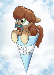 Size: 1000x1400 | Tagged: safe, artist:rocket-lawnchair, oc, oc only, oc:evergreen, fish, pony, /mlp/, abstract background, coat markings, cute, ears, female, finished, floppy ears, mare, mouth hold, ponies eating fish, ponies eating meat, sno-pone, snow cone, snow mare, snowcone, snowpony (species), socks (coat marking), solo, taiga pony, yakutian horse