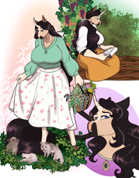 Size: 1764x2253 | Tagged: safe, artist:blackblood-queen, derpibooru import, oc, oc only, oc:beryl lovegreen, anthro, pig, unguligrade anthro, unicorn, anthro oc, basket, beauty mark, big breasts, blouse, blue eyes, book, bouquet, breasts, clothes, cloven hooves, curved horn, curvy, digital art, female, flower, food, gilf, grandmother, grapes, horn, huge breasts, large voluminous hair, leonine tail, looking down, mare, milf, piglet, reading, scenery, skirt, smiling, solo, sweater, unicorn oc